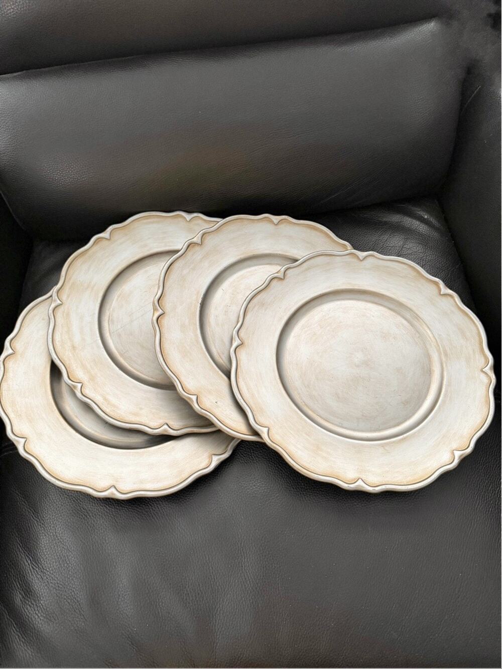 Set of 4 Pier 1 One Chargers 12.5” Brushed Silver Tone Gold Scalloped Edge